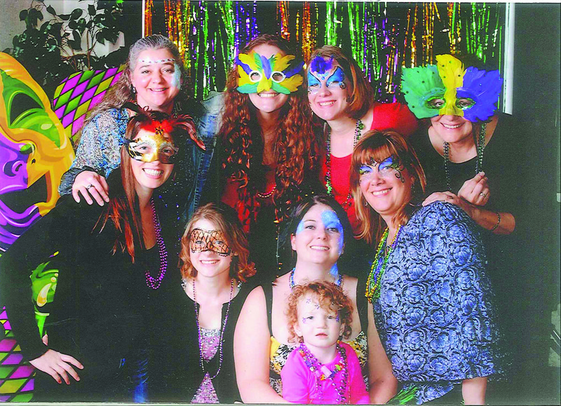 This family of celebrants enjoyed the 2012 Mardi Gras presented by the Lake Forest Community Education Foundation and is looking forward to this year’s festivities at the Harrington Fire Hall on Saturday, Feb. 16. Shown are in back (l-r) Stephanie Fleming, Kati Kline, Erin Tucker and Linda Chick; in middle row are Nicole Chick, Ali Fleming, Kim Chick and Robin Fleming. Front and center is Elle Chick. SOURCE SUBMITTED